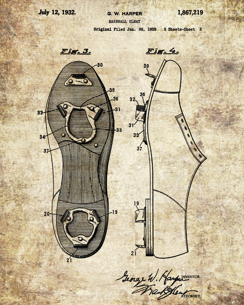 Baseball Cleats Patent Print Sports Blueprint Baseball Poster