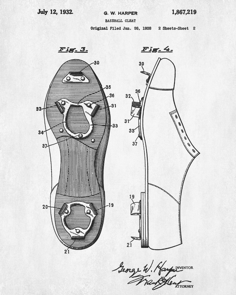 Baseball Cleats Patent Print Sports Blueprint Baseball Poster