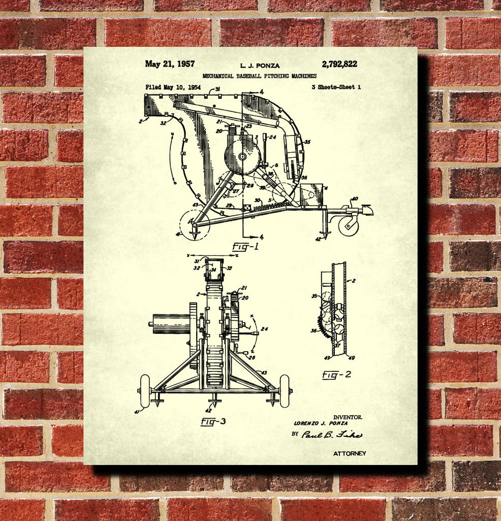 Baseball Pitching Machine Patent Print Sports Blueprint Poster