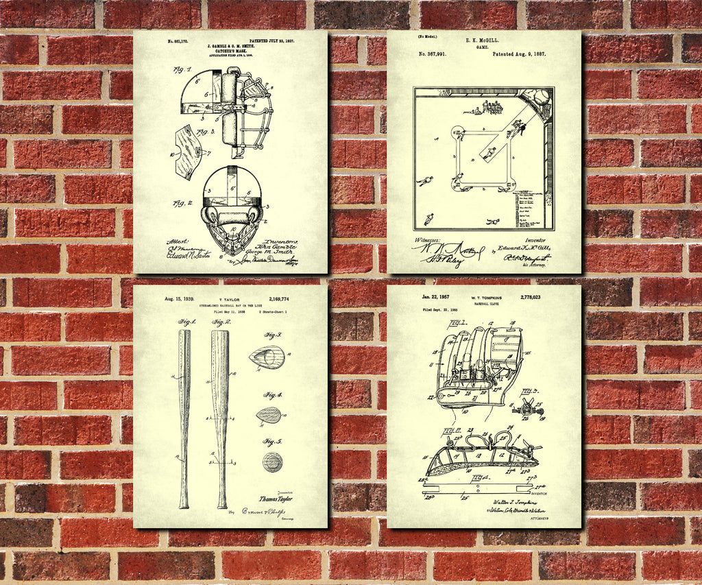 Baseball Patent Prints Set 4 Sports Blueprint Posters