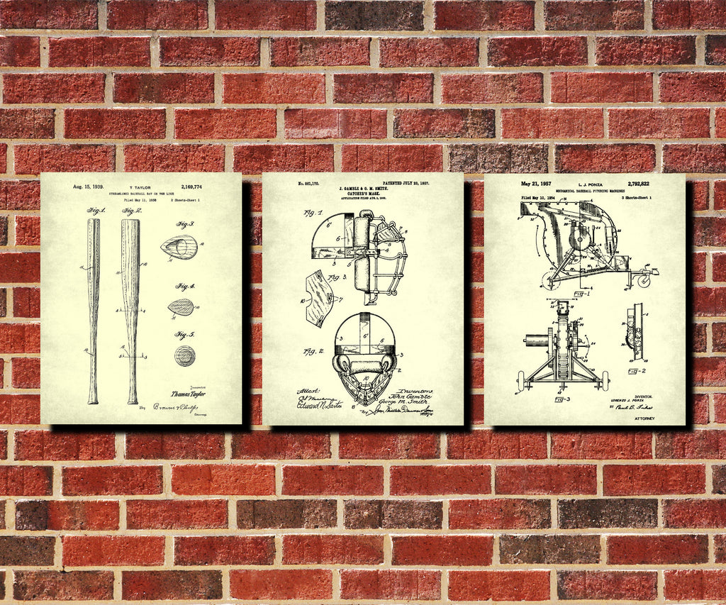 Baseball Patent Prints Set 3 Sports Blueprint Posters