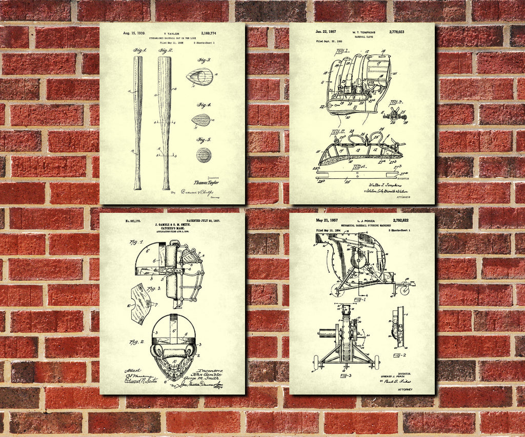 Baseball Patent Print Set 4 Sports Blueprint Posters