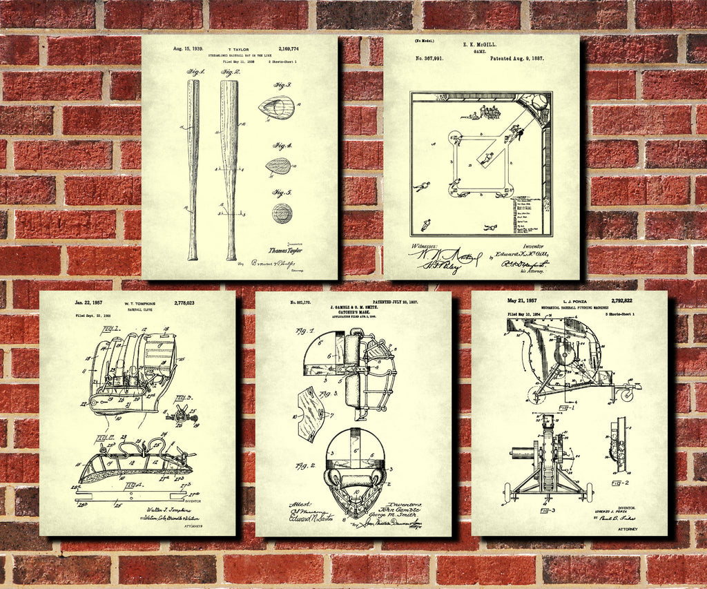Baseball Patent Prints Set 5 Sports Blueprint Posters