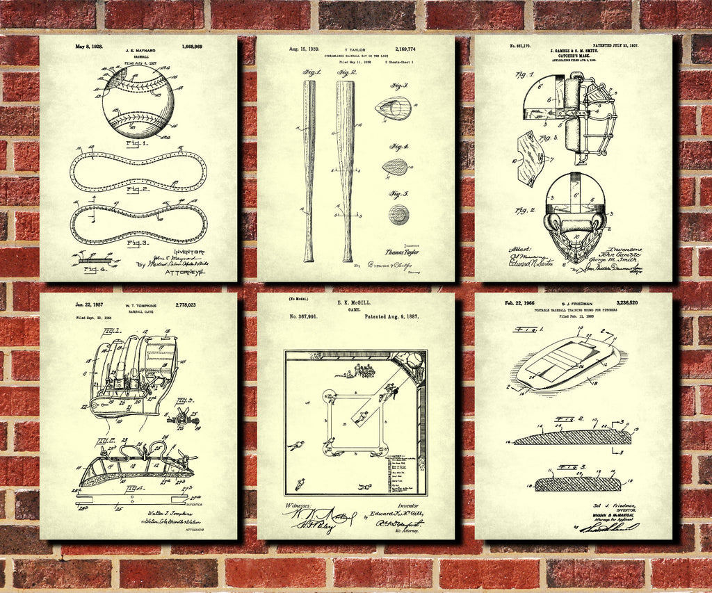 Baseball Patent Prints Set 6 Sports Blueprint Posters