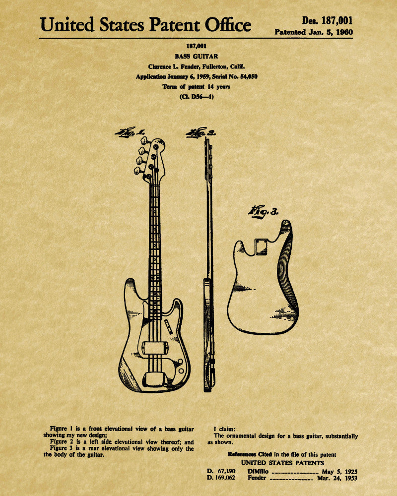 Fender Bass Guitar Patent Print Musical Instrument Poster
