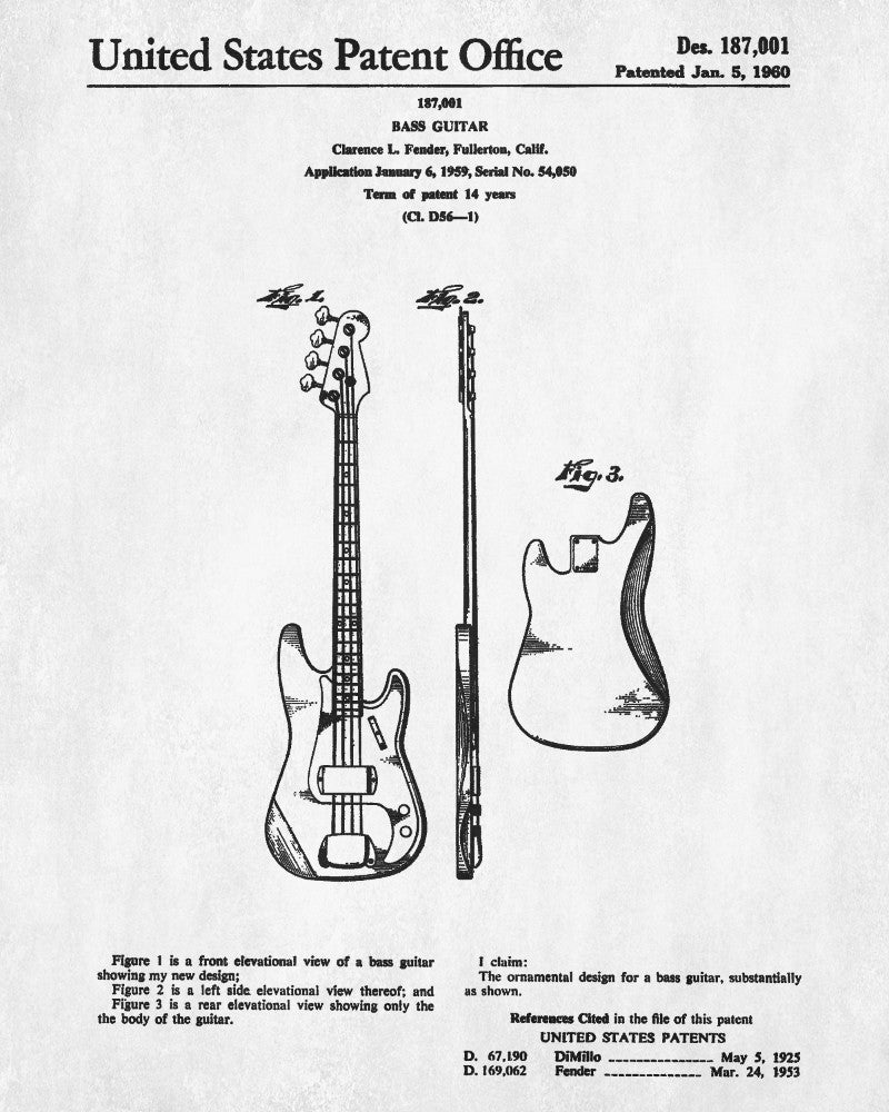 Fender Bass Guitar Patent Print Musical Instrument Poster