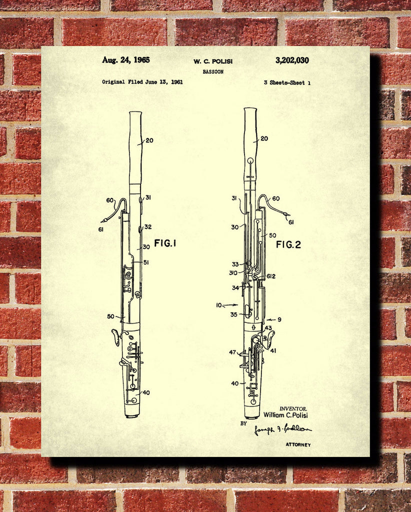 Bassoon Patent Print Orchestra Musical Instrument Wall Art Poster