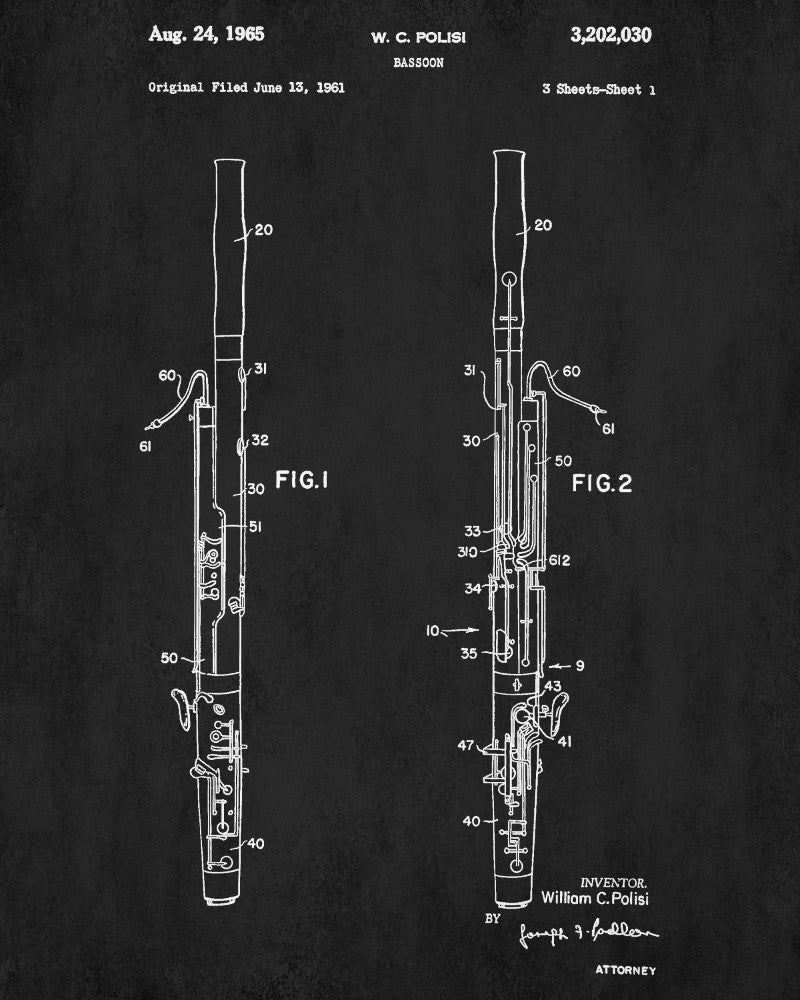 Bassoon Patent Print Orchestra Musical Instrument Wall Art Poster
