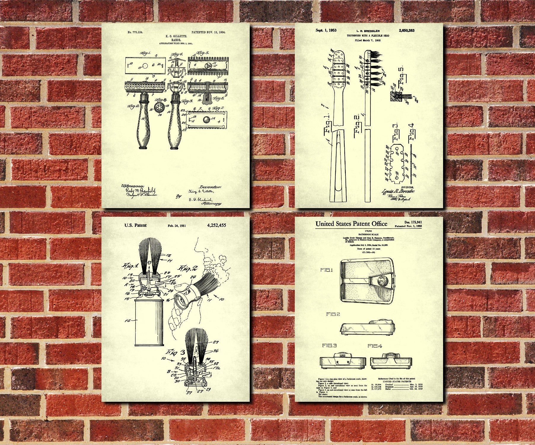 Bathroom Wall Art Set of 4 Patent Prints Bathroom Decor