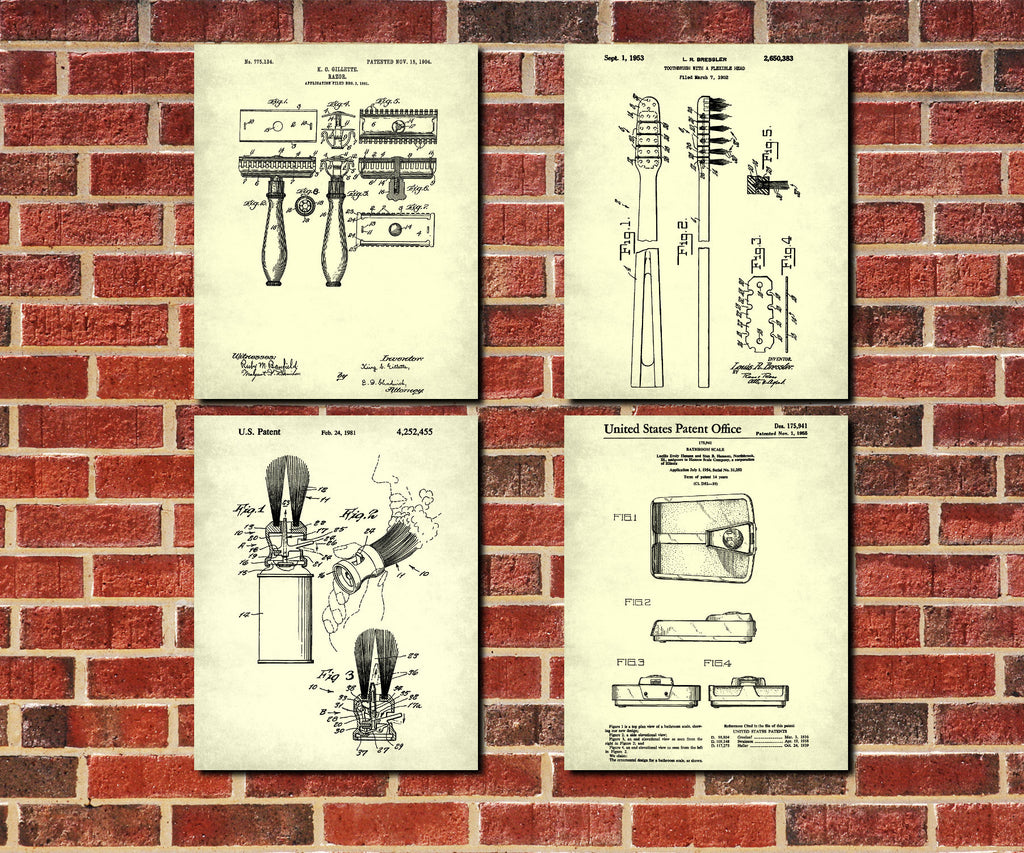 Bathroom Wall Art Set of 4 Patent Prints Bathroom Decor