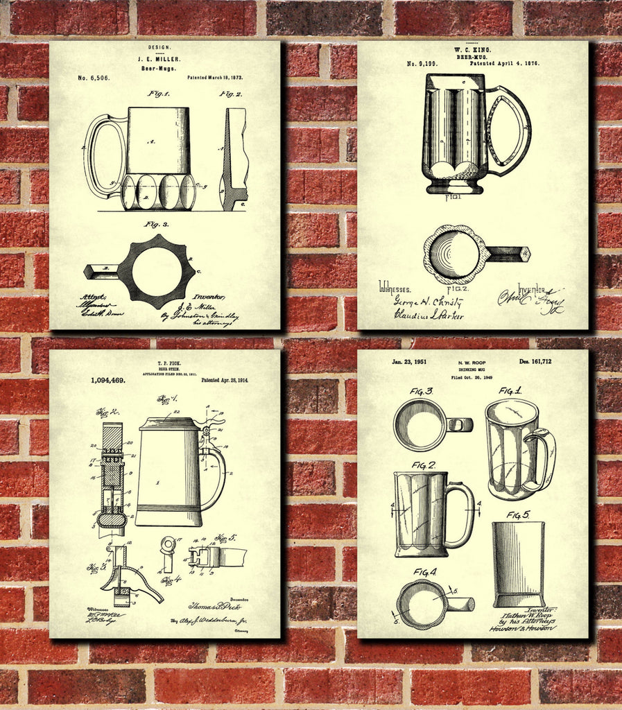 Beer Glass Patent Prints Set 4 Bar Art Ale Tankard Posters - OnTrendAndFab