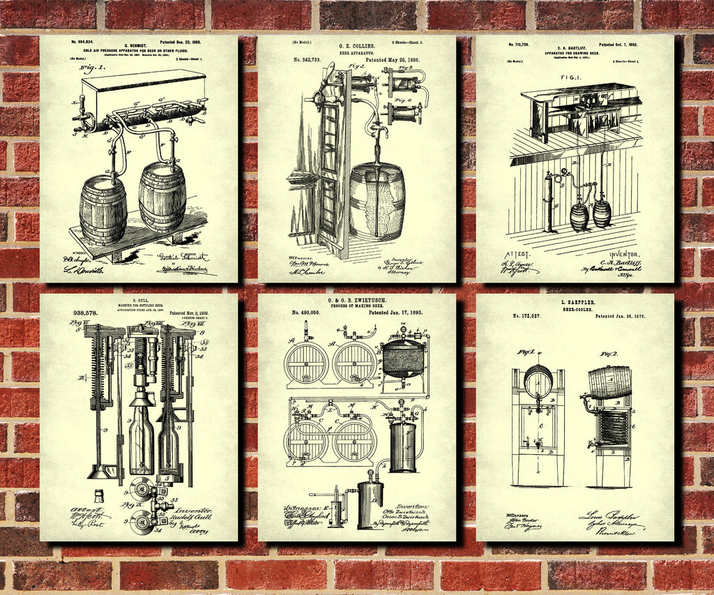 Beer Patent Prints Set 6 Bar Art Brewing Posters - OnTrendAndFab