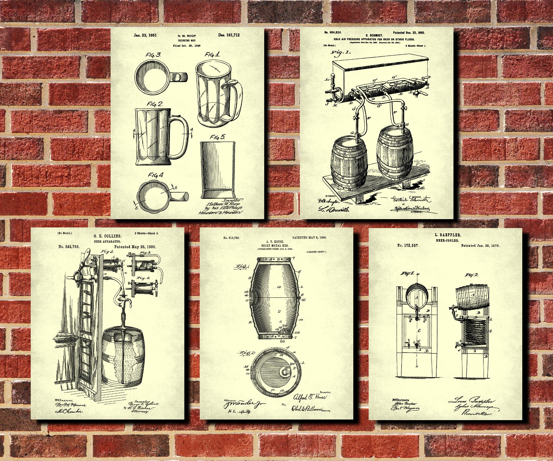 Bar Wall Art Beer Patent Prints Set 5 Brewing Posters