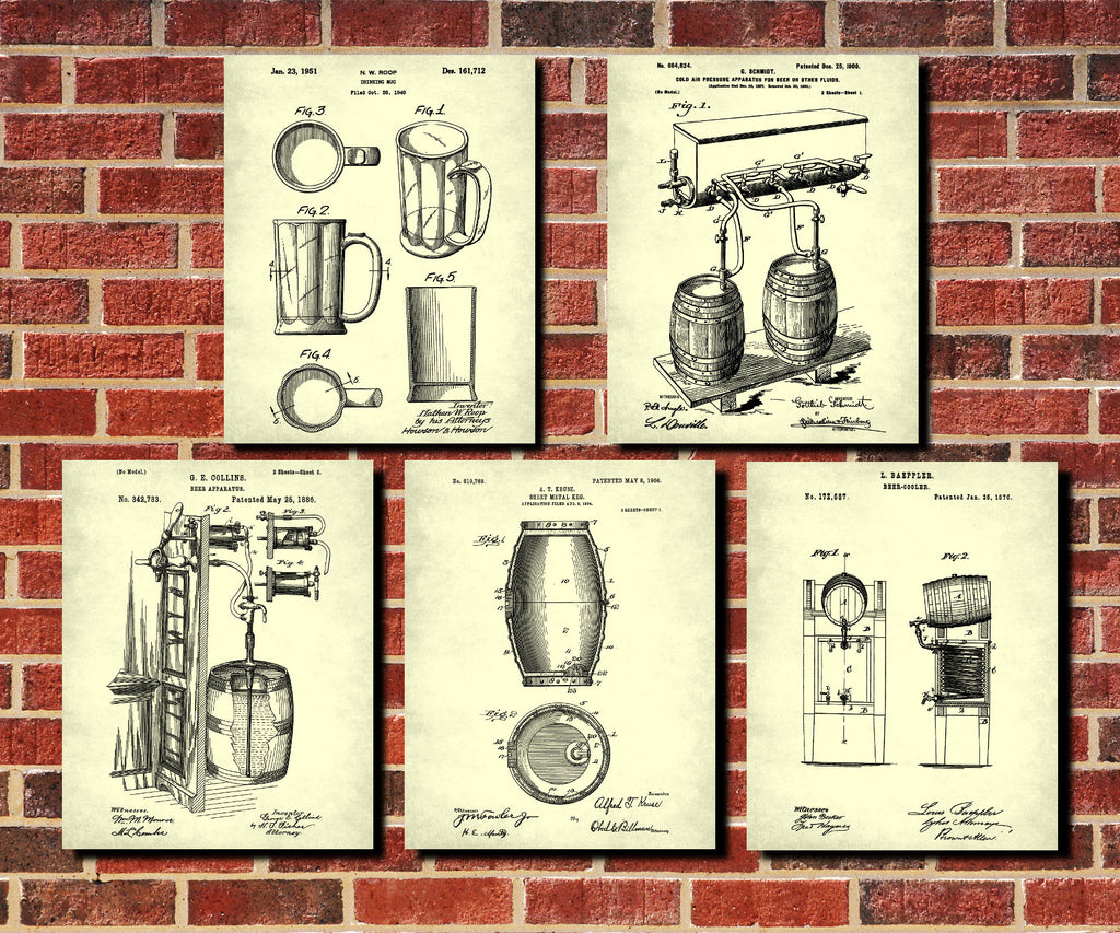 Bar Wall Art Beer Patent Prints Set 5 Brewing Posters