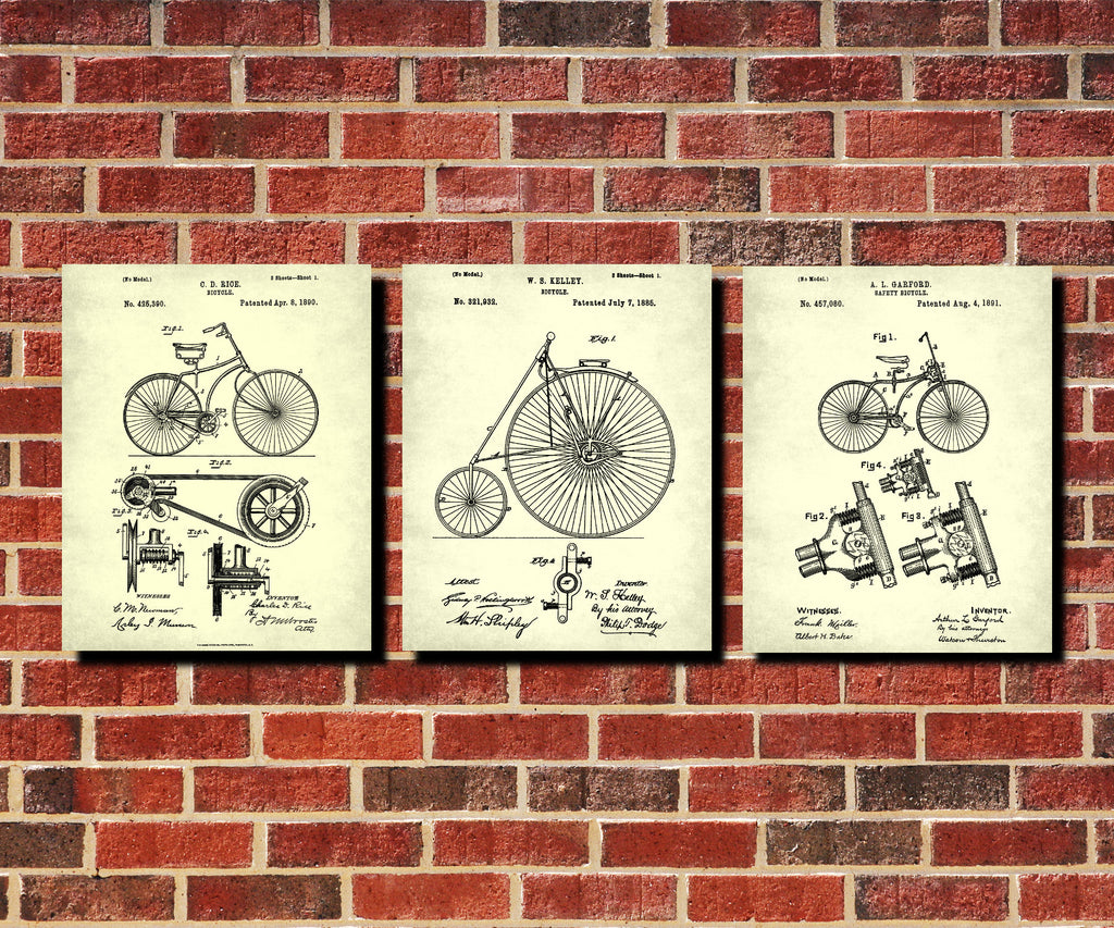 Bicycle Patent Prints Set 3 Cycling Blueprint Posters