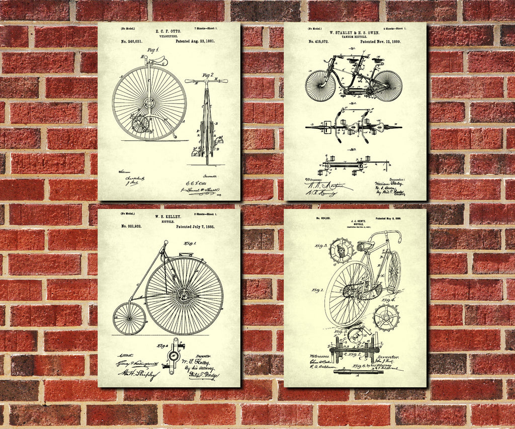 Bicycle Patent Prints Set 4 Cycling Blueprint Posters