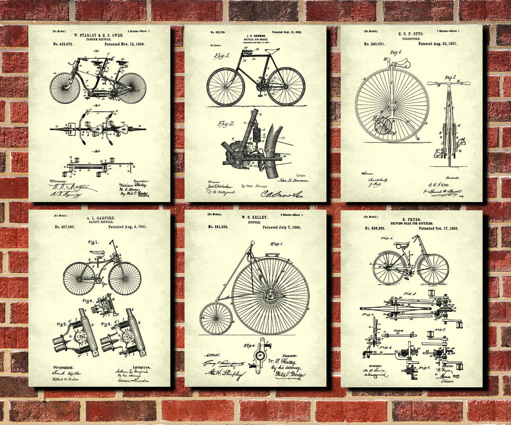 Bicycle Blueprints Set 6 Cycling Patent Prints Posters