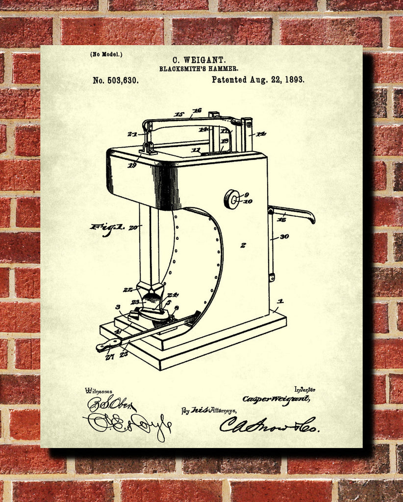 Blacksmiths Hammer Patent Print Workshop Wall Art Blueprint Poster