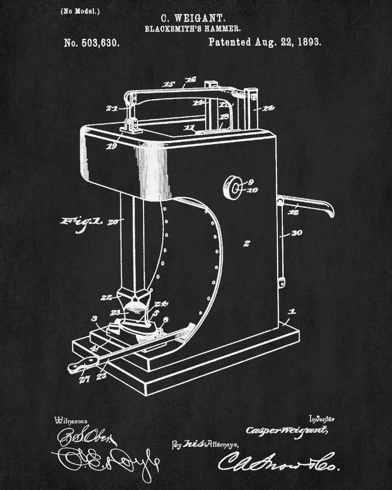 Blacksmiths Hammer Patent Print Workshop Wall Art Blueprint Poster