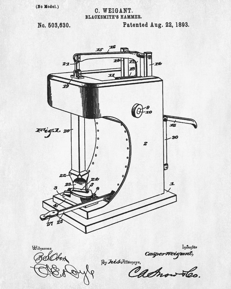 Blacksmiths Hammer Patent Print Workshop Wall Art Blueprint Poster