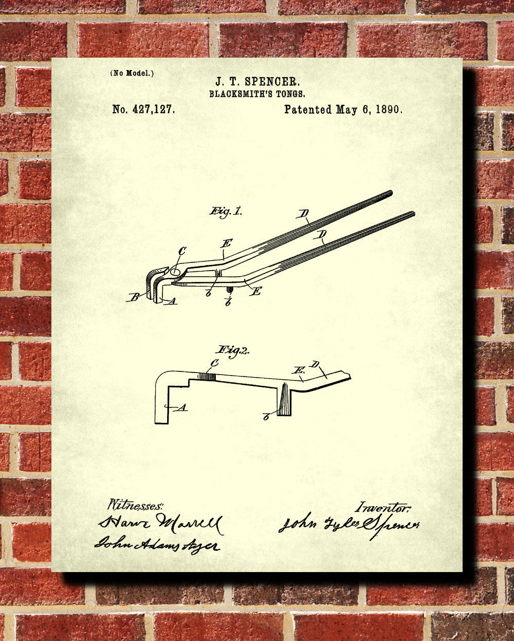 Blacksmith Tongs Patent Print Workshop Wall Art Blueprint Poster