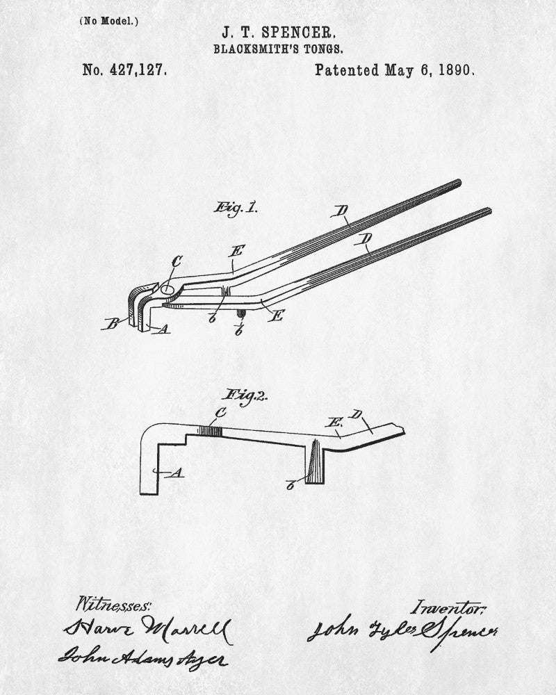 Blacksmith Tongs Patent Print Workshop Wall Art Blueprint Poster