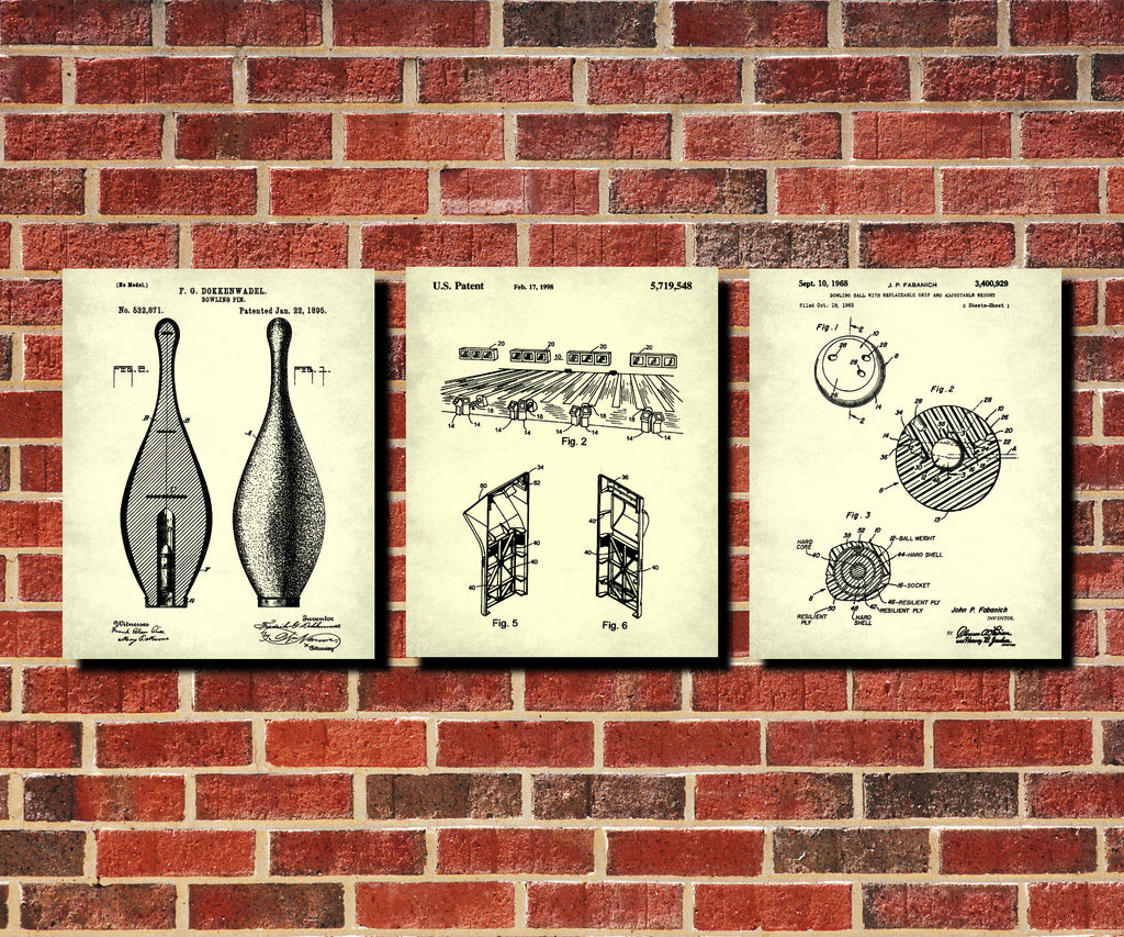 Ten Pin Bowling Patent Prints Set 3 Bowling Posters
