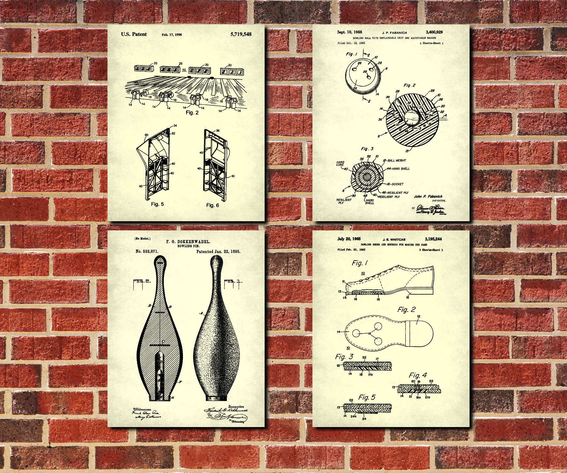 Ten Pin Bowling Patent Prints Set 4 Bowling Posters