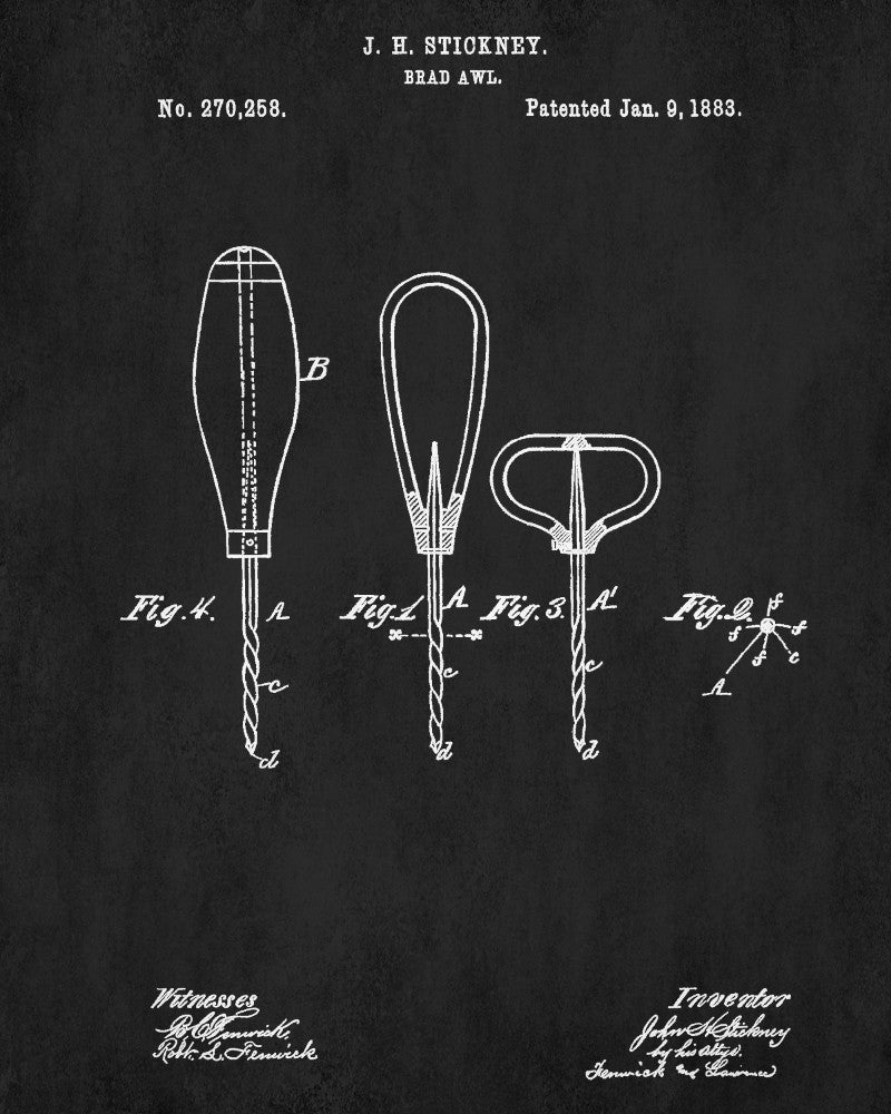 Carpenters Brad Awl Patent Print Hand Tools Blueprint Workshop Poster