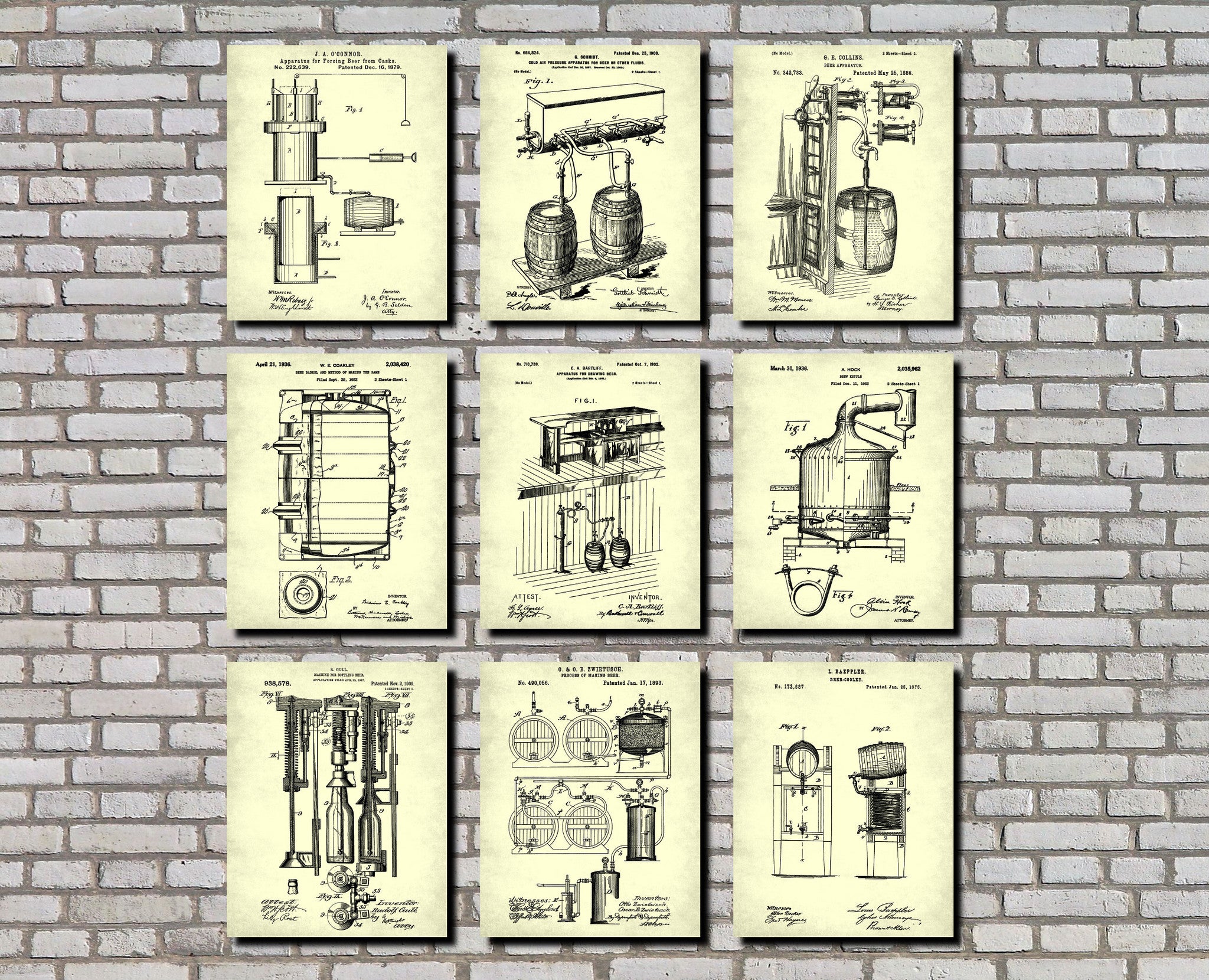 Brewing Patent Prints Set 9 Beer Blueprints Bar Pub Posters