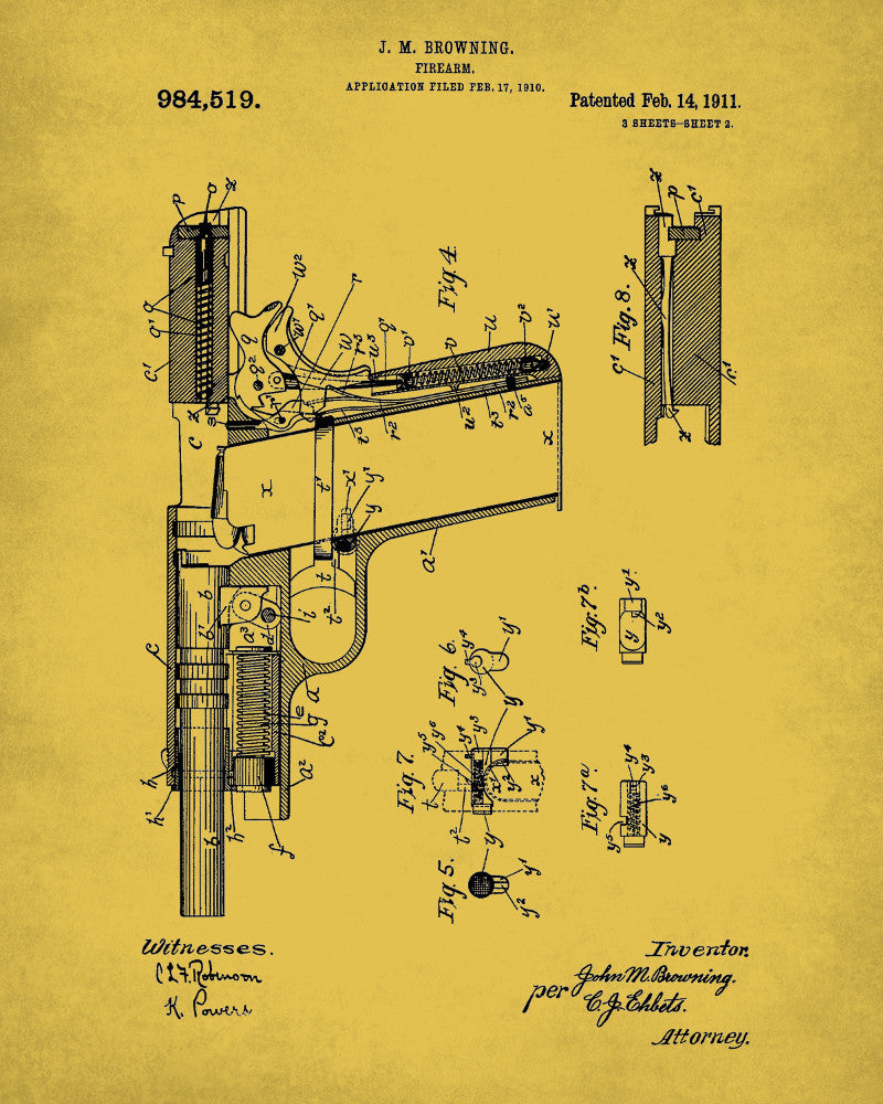 Browning Pistol Patent Print Handgun Blueprint Firearm Poster - OnTrendAndFab