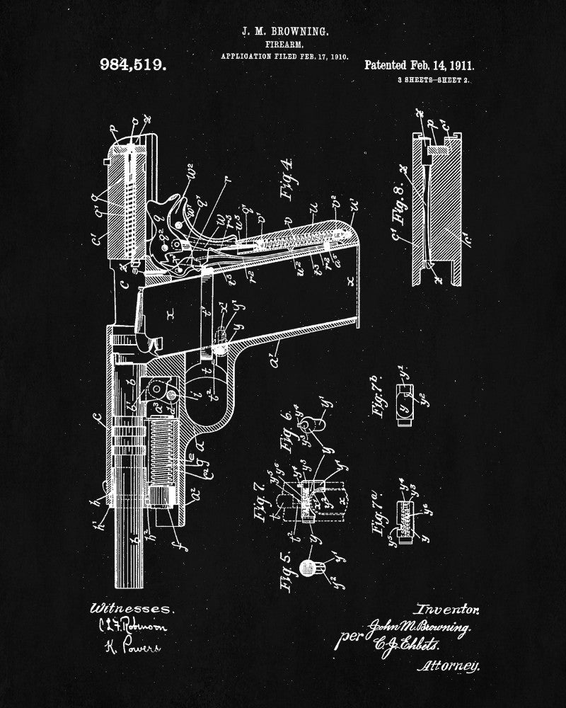 Browning Pistol Patent Print Handgun Blueprint Firearm Poster - OnTrendAndFab
