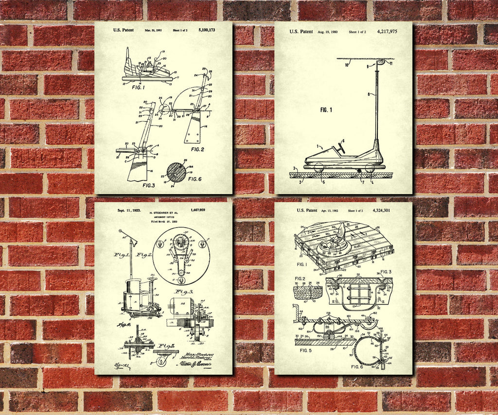 Bumper Cars Blueprints Set of 4 Dodgems Patent Print Posters
