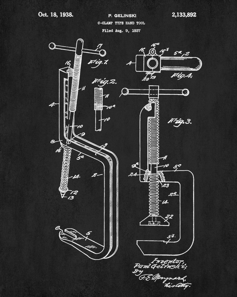 Carpenters C Clamp Patent Print Hand Tools Blueprint Workshop Poster
