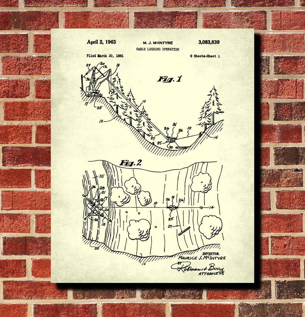Cable Logging Patent Print, Forestry Poster