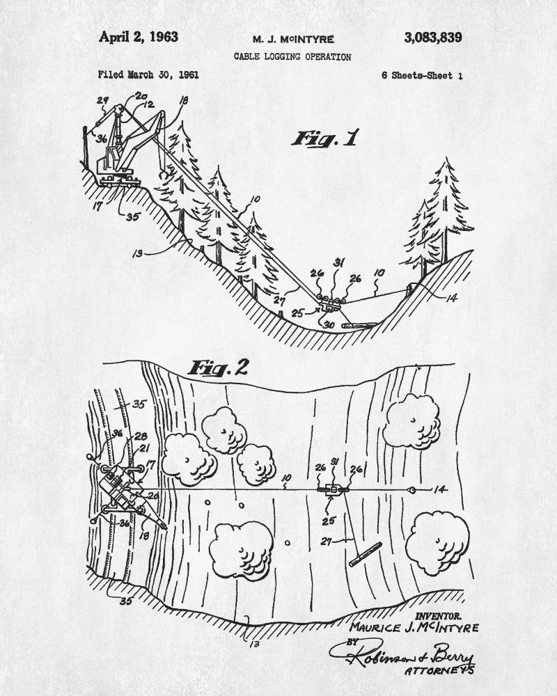 Cable Logging Patent Print, Forestry Poster