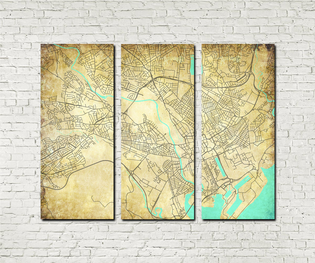 Cardiff Street Map 3 Panel Canvas Wall Map 7137C3