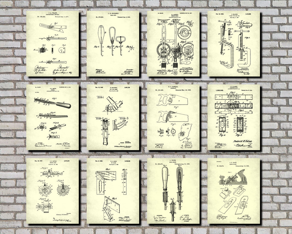 Carpentry Tools Patent Prints Set 12 Carpenter Blueprint Posters