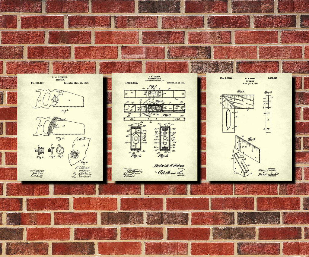 Carpenters Tools Patent Prints Set 3 Carpentry Wall Art Posters