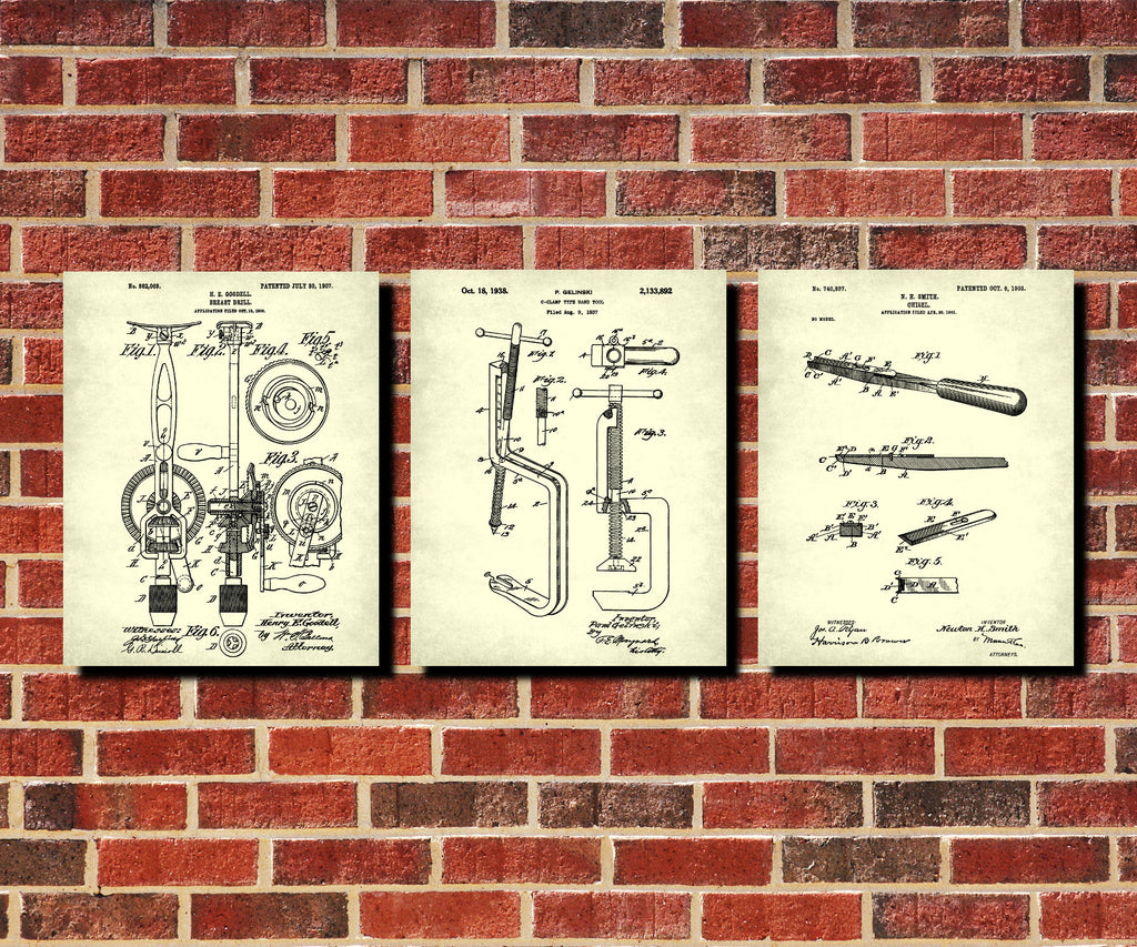 Carpenters Tools Patent Prints Set 3 Carpentry Blueprint Posters
