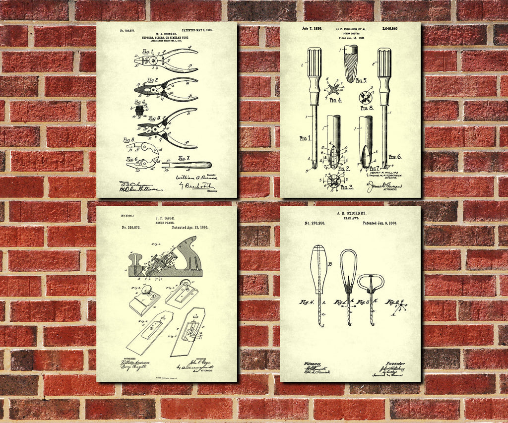 Carpenters Tools Patent Prints Set 4 Carpentry Blueprint Posters