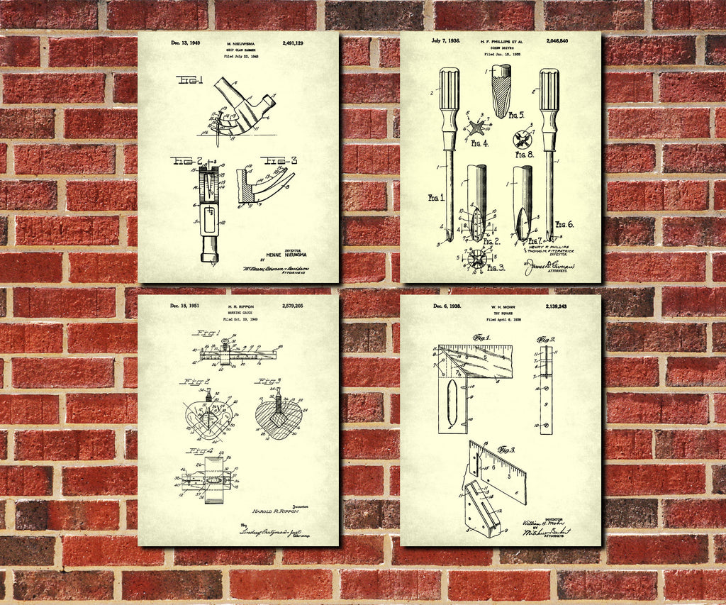 Carpenters Tools Patent Prints Set 4 Carpentry Wall Art Posters