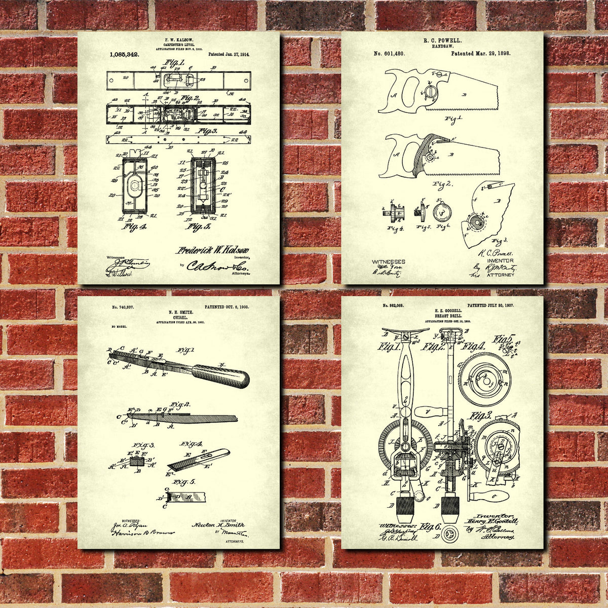 Carpentry Tools Patent Prints Set 4 Carpenter Wall Art Posters ...