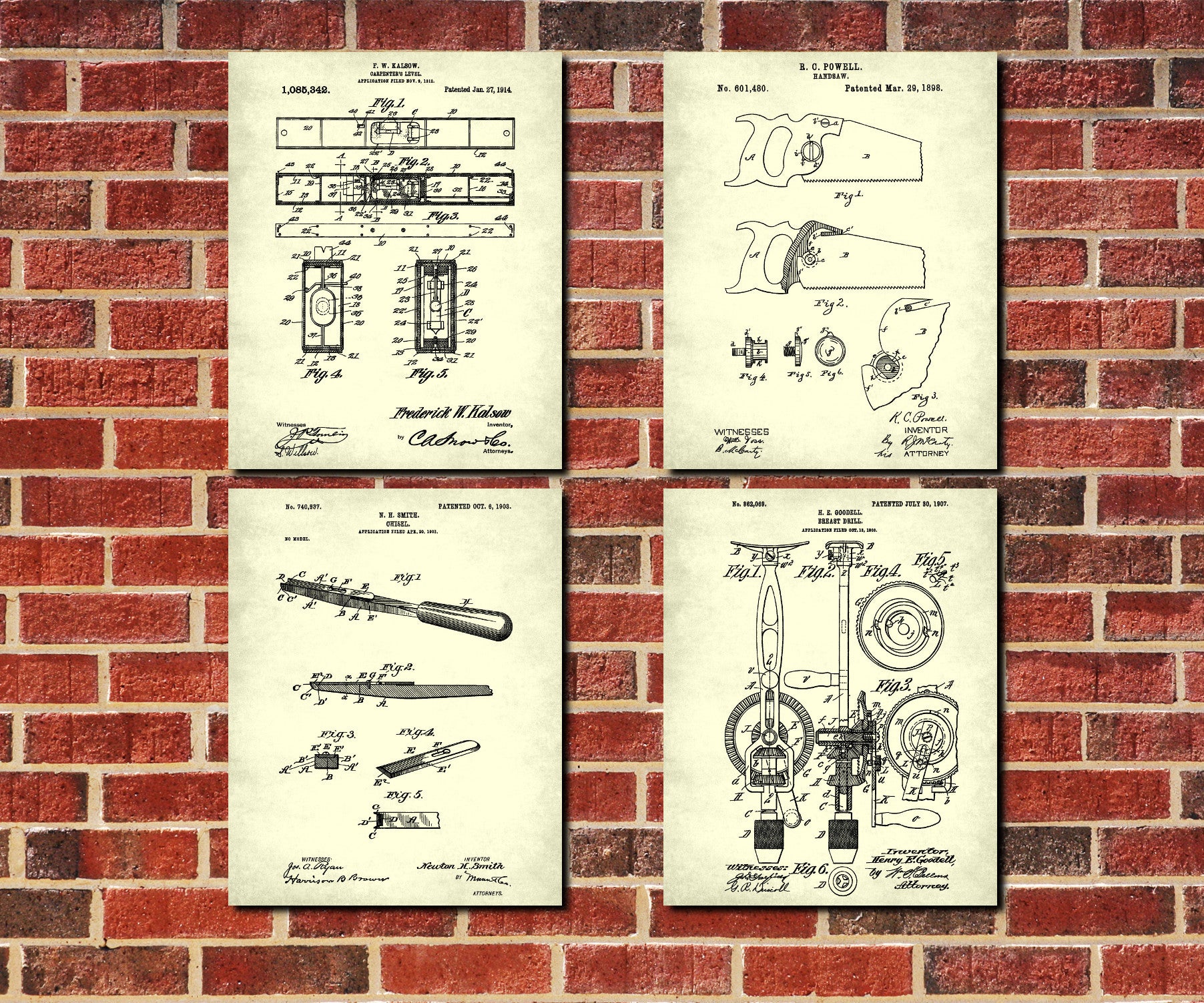 Carpentry Tools Patent Prints Set 4 Carpenter Wall Art Posters