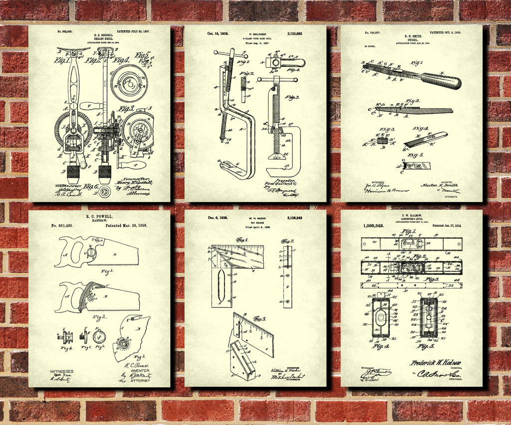 Carpentry Tools Patent Prints Set 6 Carpenter Wall Art Posters