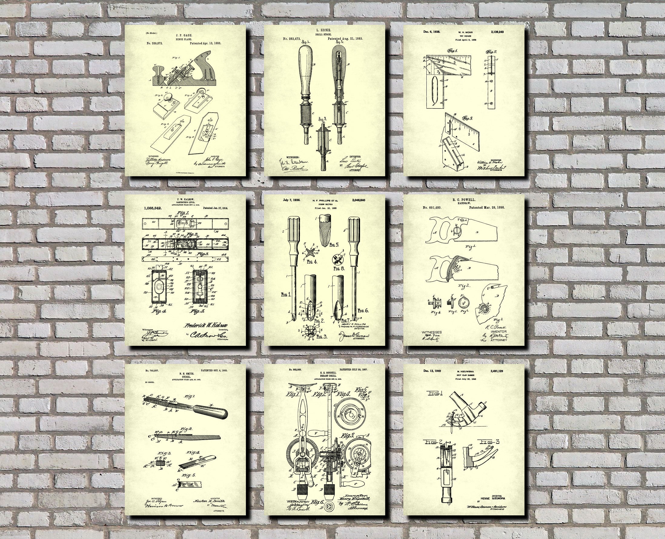 Carpentry Tools Patent Prints Set 9 Carpenter Blueprint Posters
