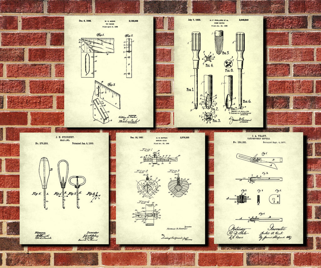 Carpenters Tools Patent Prints Set 5 Woodworking Posters