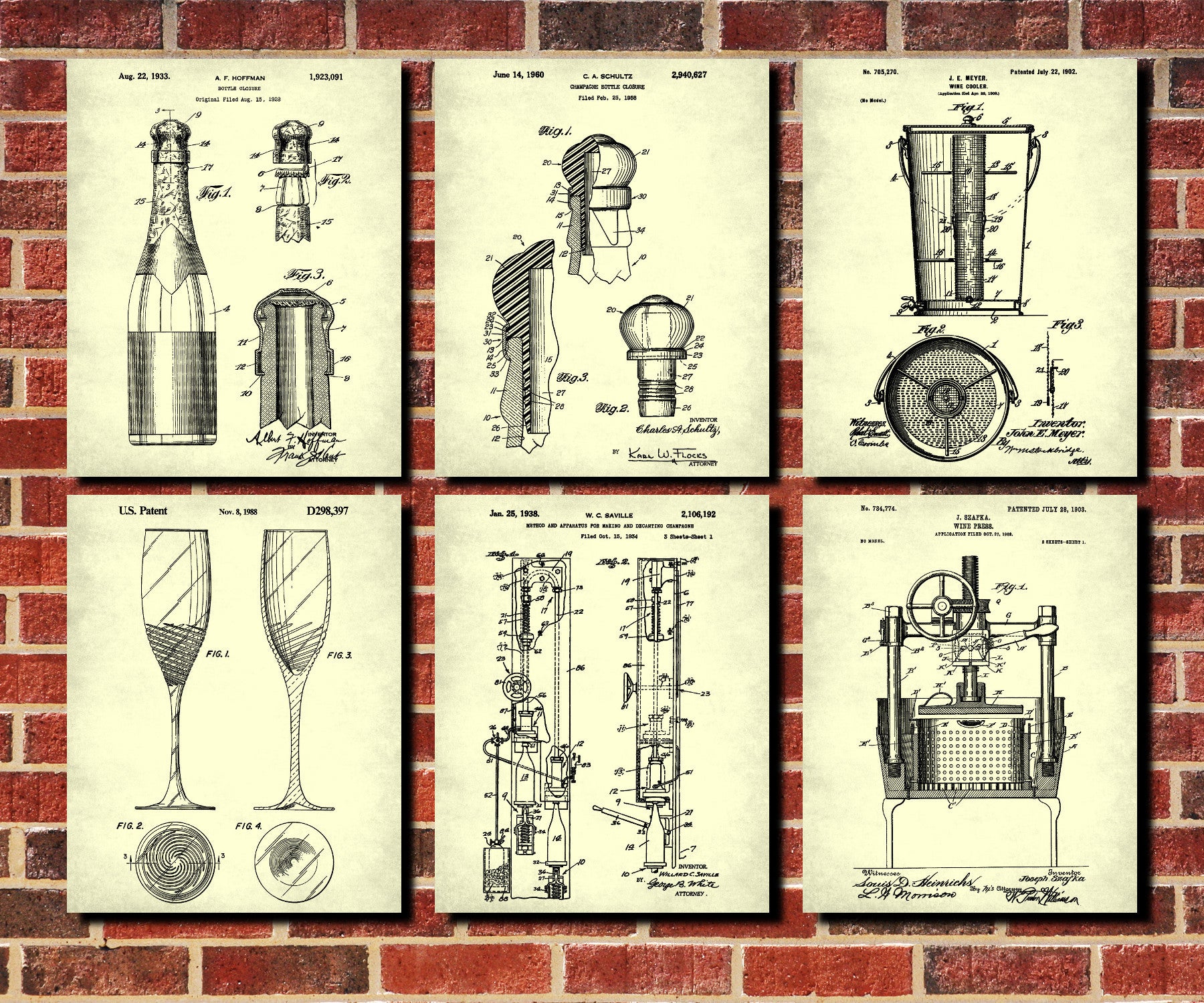 Champagne Patent Prints Set 6 Cafe Bar Art Posters - OnTrendAndFab