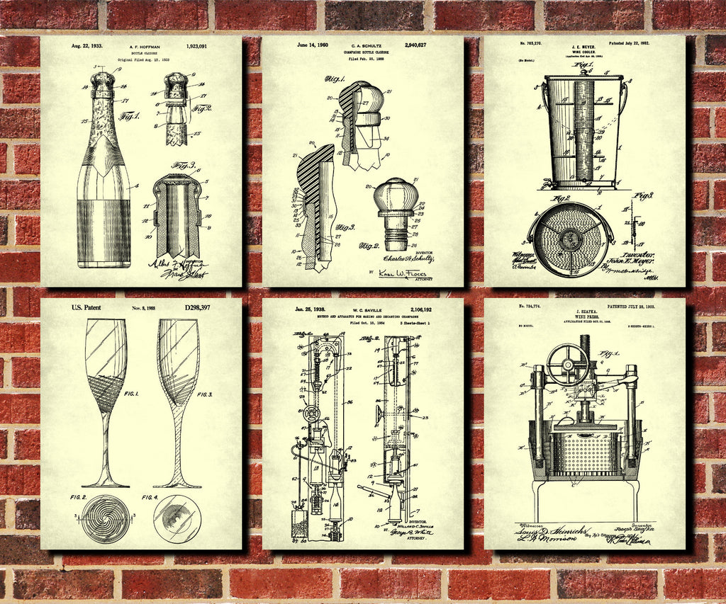 Champagne Patent Prints Set 6 Cafe Bar Art Posters - OnTrendAndFab