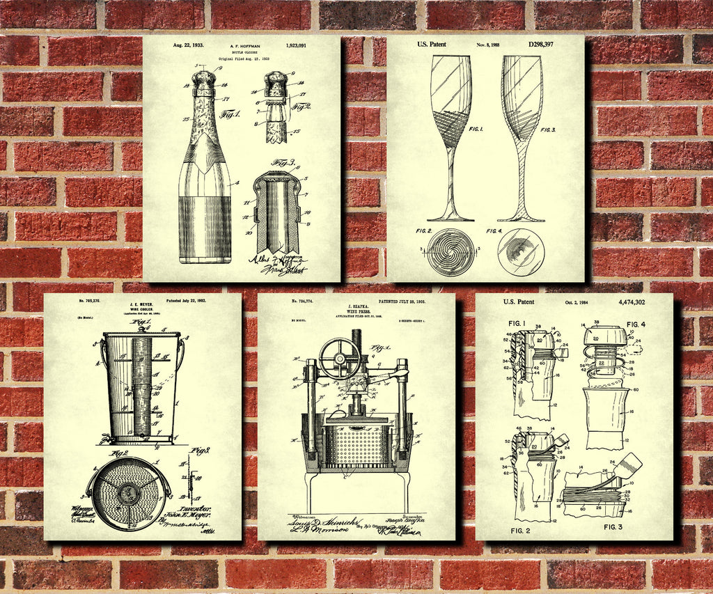 Champagne Patent Prints Set 5 Bar Posters Cafe Wall Art